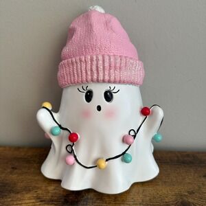 New Christmas Halloween Ghost Glitter Pink Santa Hat Holding Lights Decor Figure